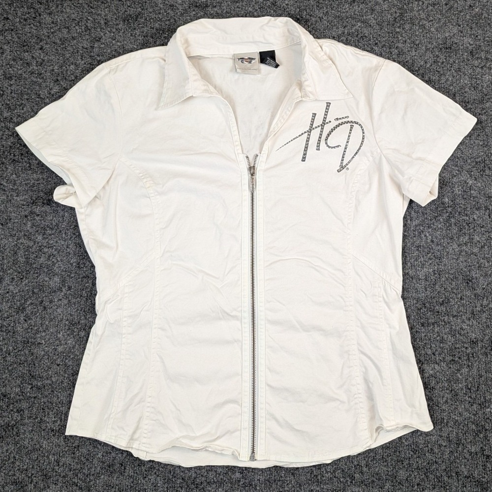 Harley-Davidson Womens White Zip Up Rhinestone Logo Shirt L 99183-11VW